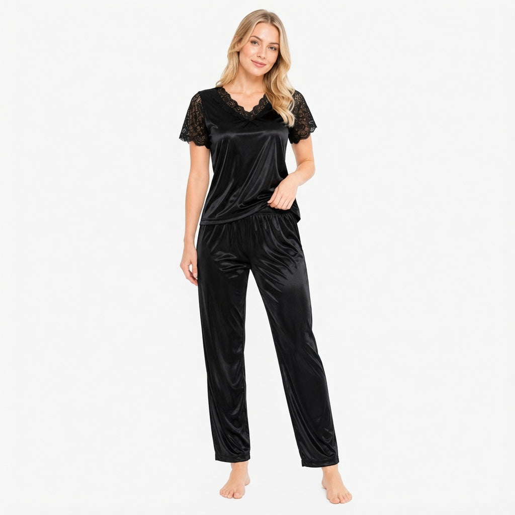 Lace Trim Satin Pajama Set-01
