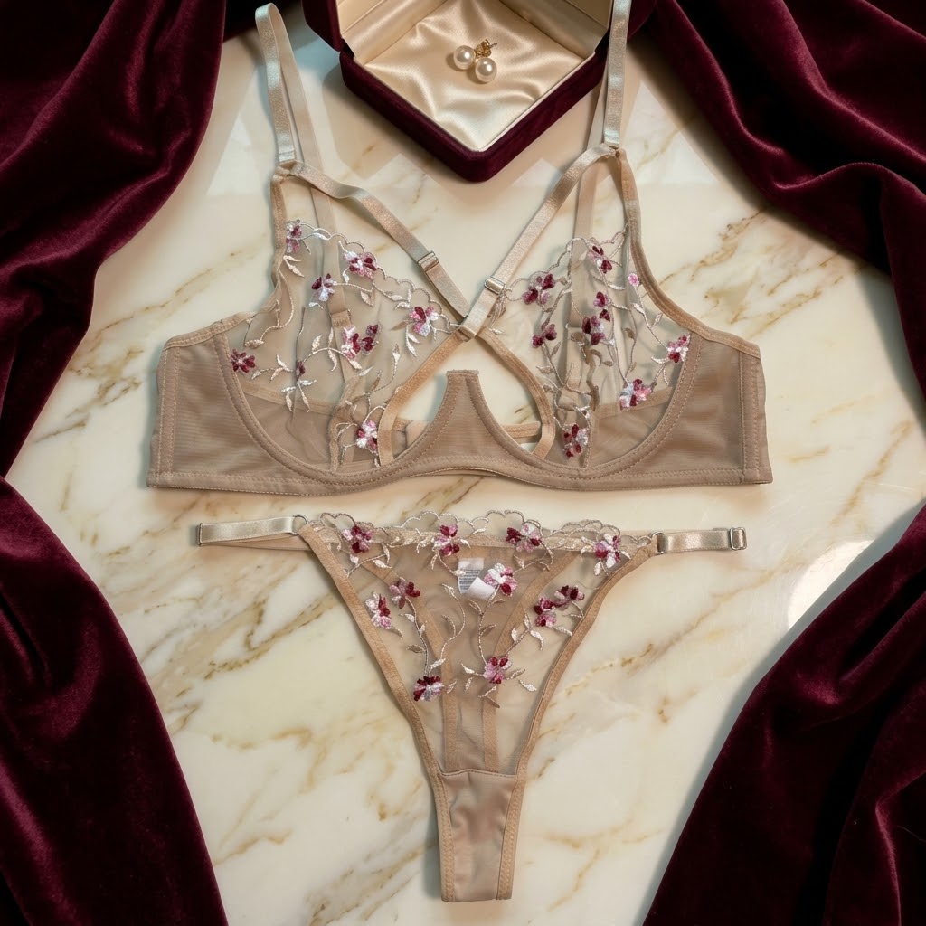 Embroidered Mesh Lace Lingerie Set -71