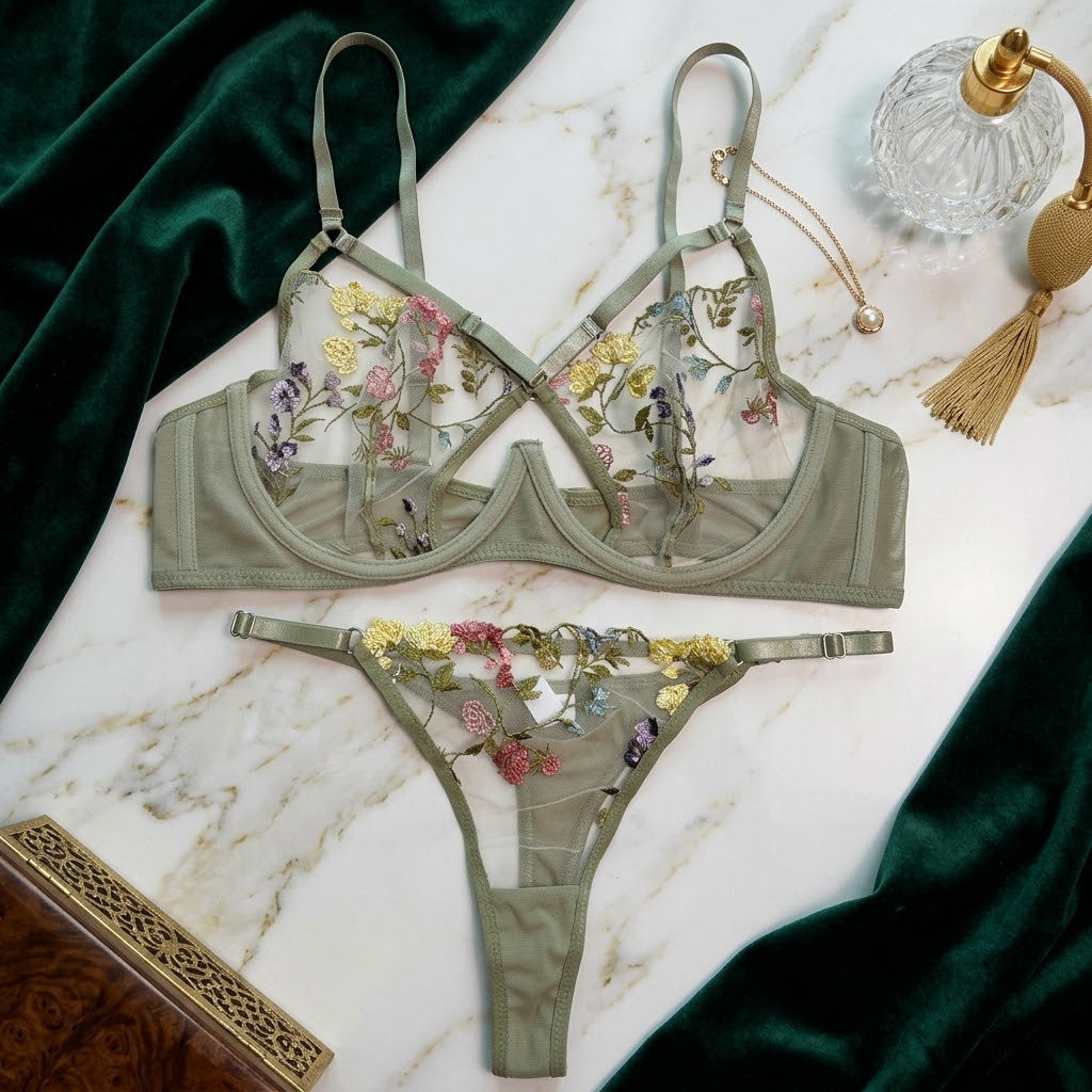Embroidered Mesh Lace Lingerie Set -71