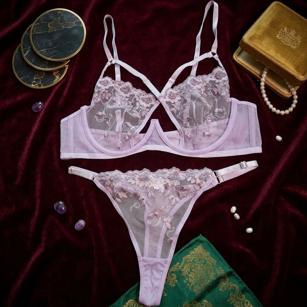 Embroidered Mesh Lace Lingerie Set -71