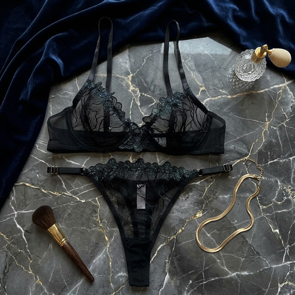 Embroidered Mesh Lace Lingerie Set -70