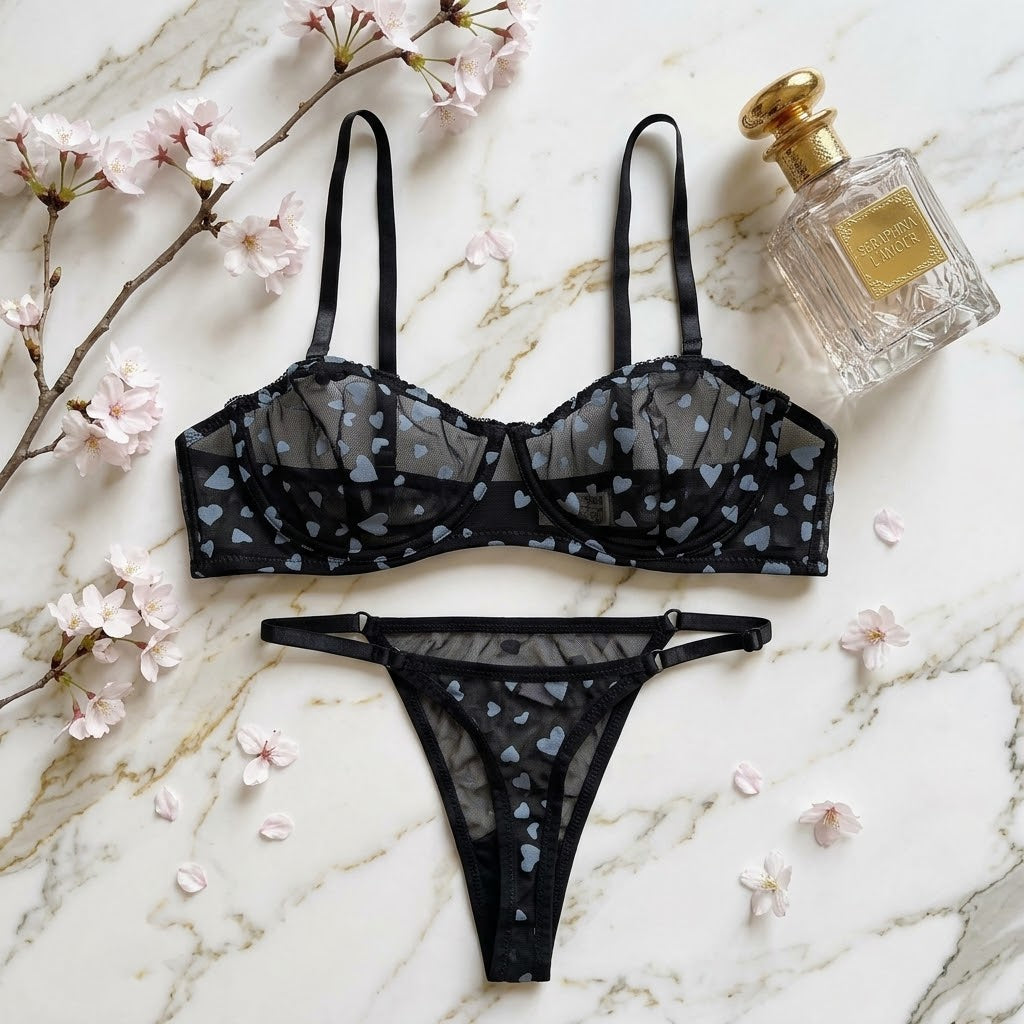 Heart Print Mesh Lingerie Set -69