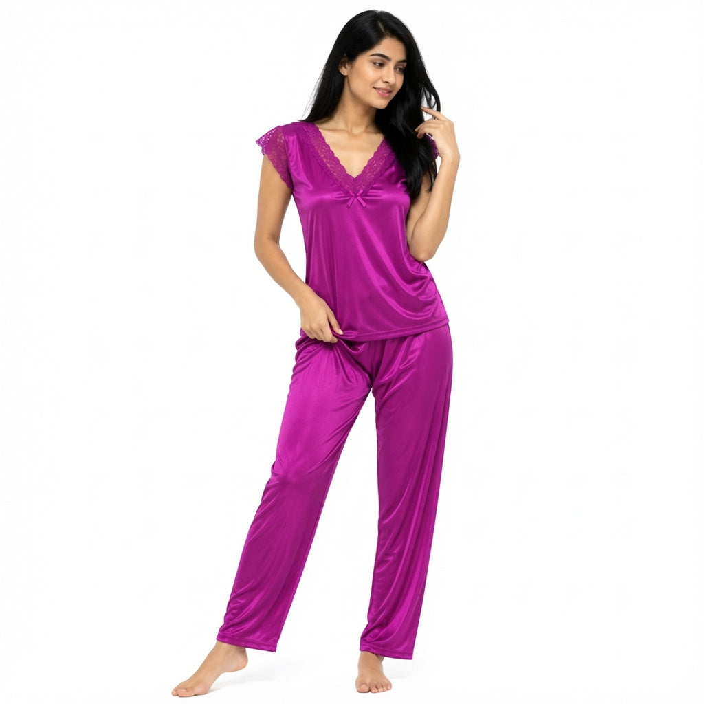 Lace Trim Satin Pajama Set-01