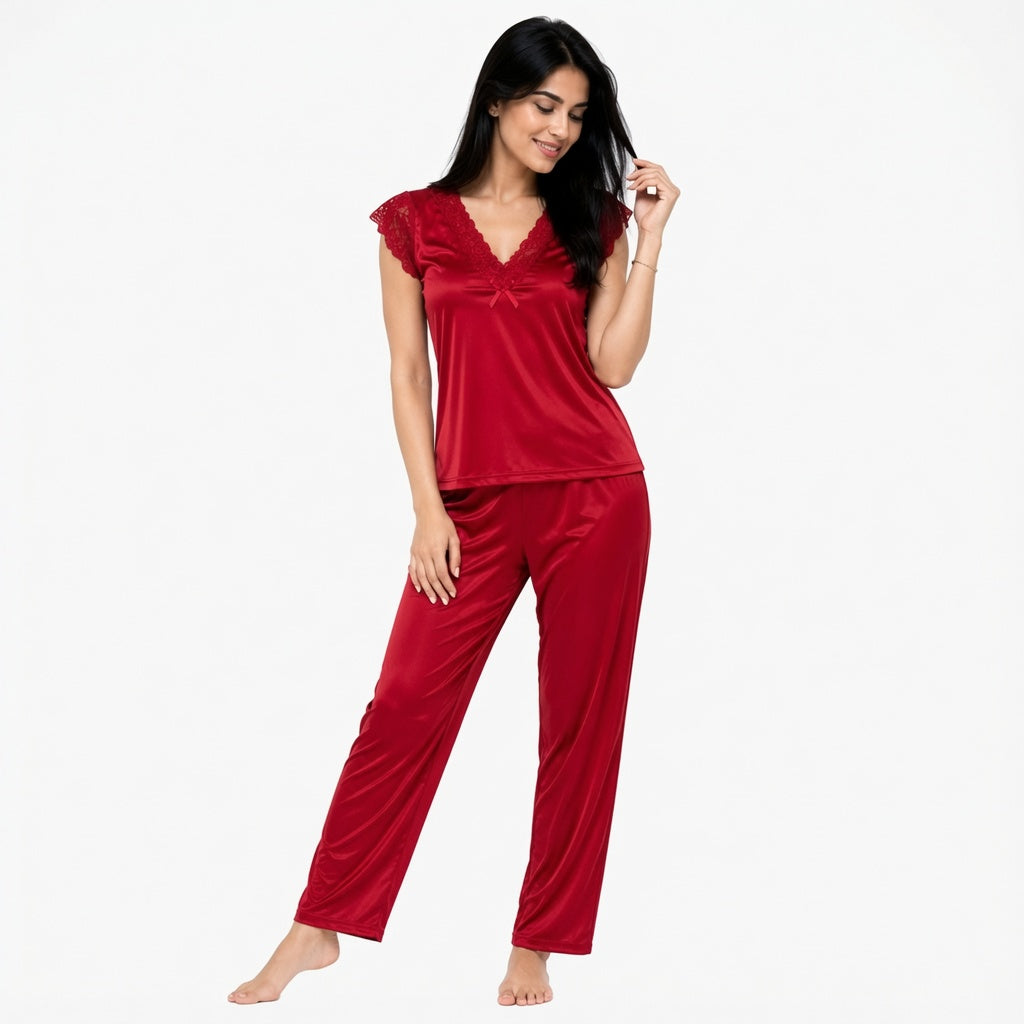 Lace Trim Satin Pajama Set-01