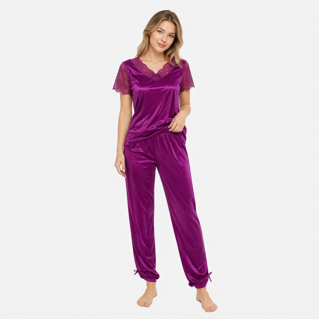 Lace Trim Satin Pajama Set-01