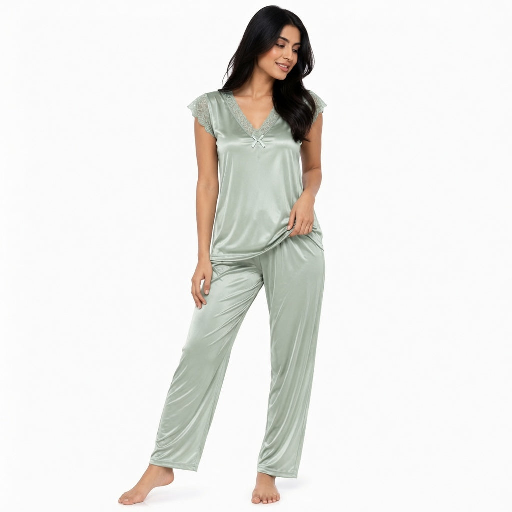 Lace Trim Satin Pajama Set-01