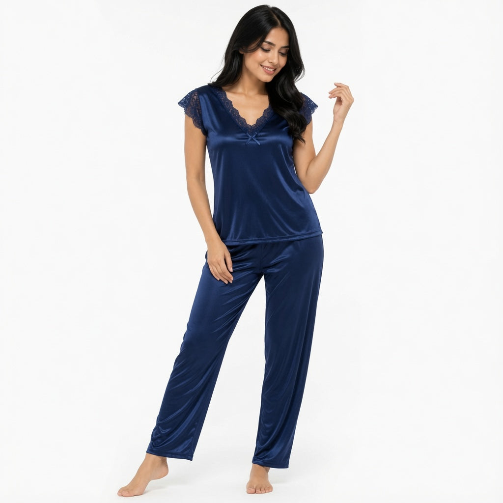 Lace Trim Satin Pajama Set-01